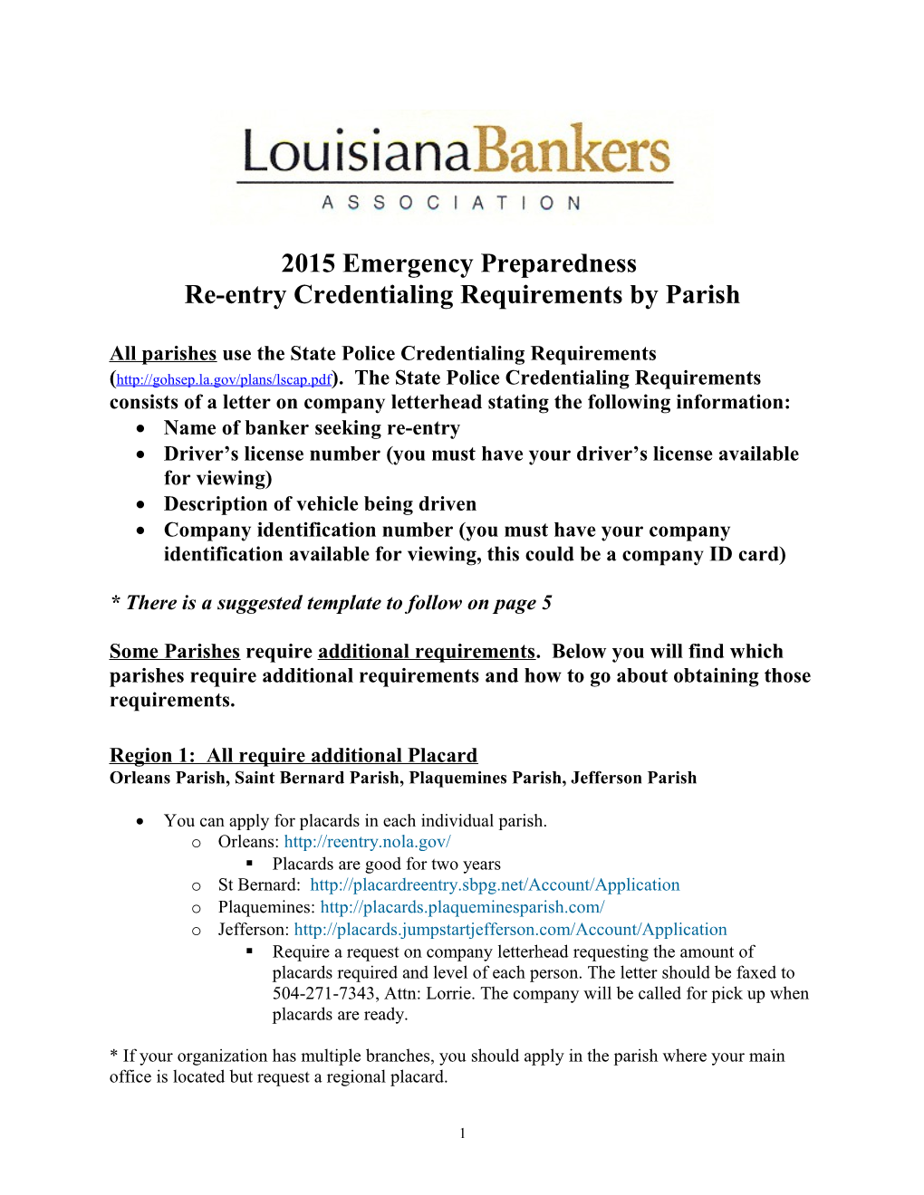 Re-Entry Credentialing Requirements by Parish