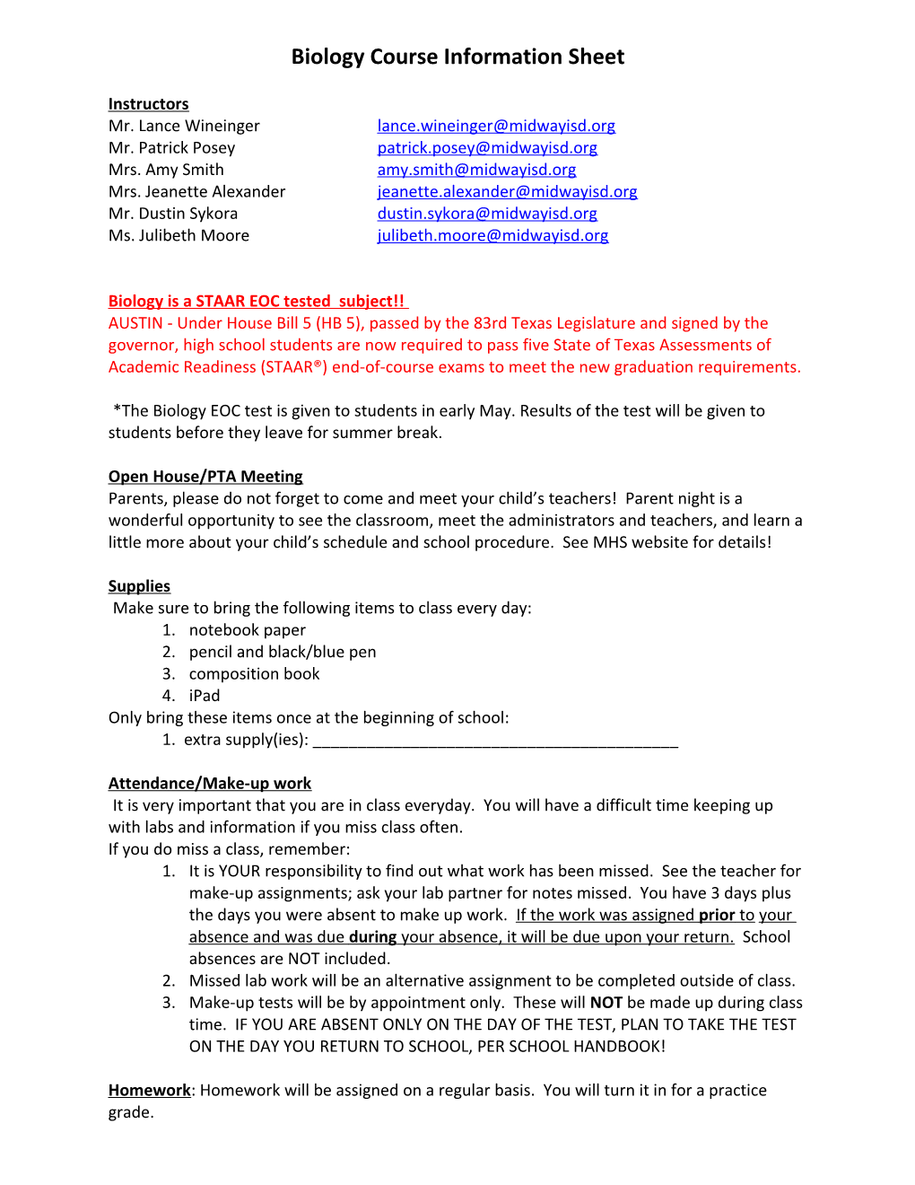 Biology Course Information Sheet