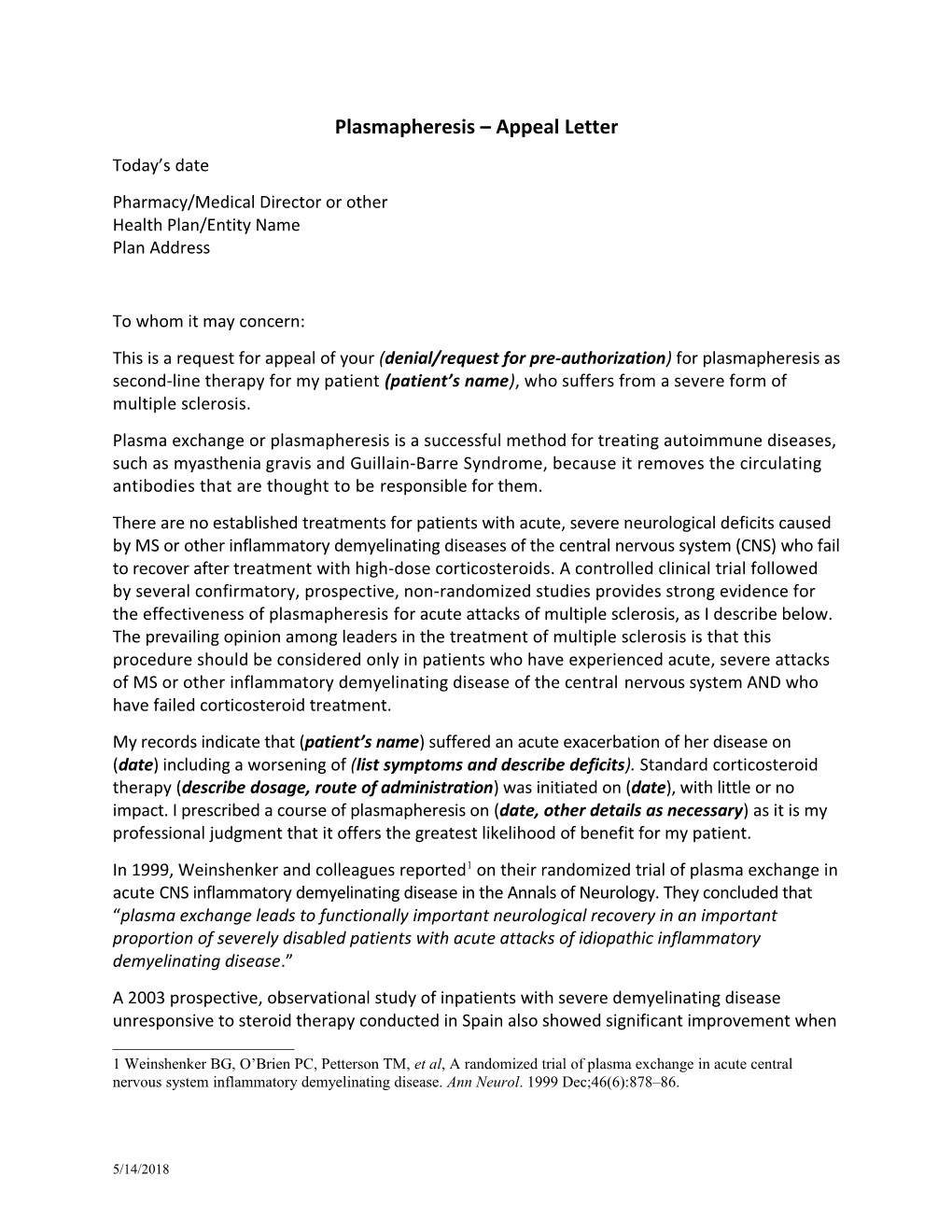 Plasmapheresis Appeal Letter