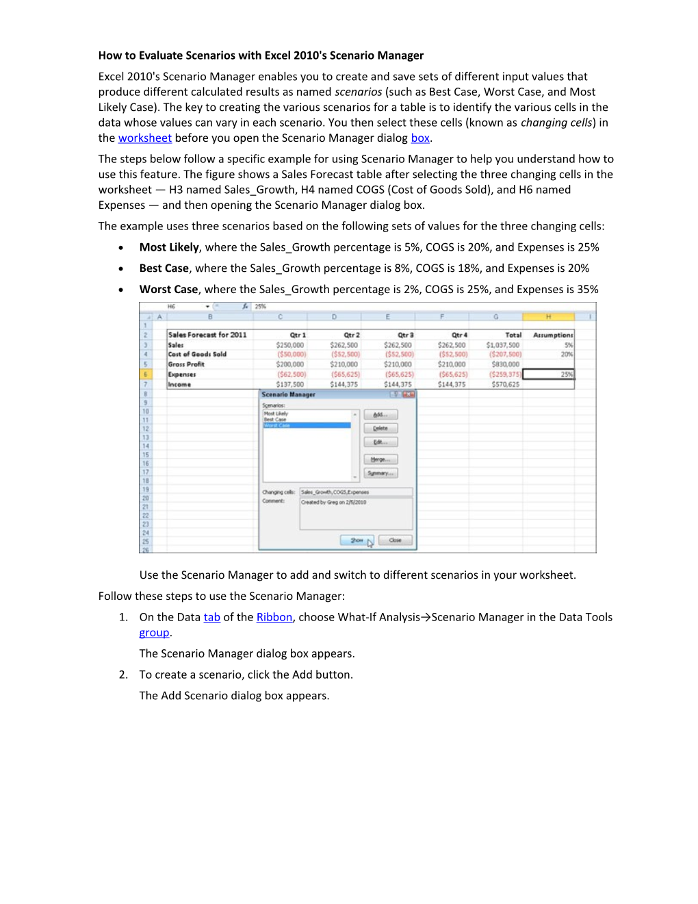 How to Evaluate Scenarios with Excel 2010'S Scenario Manager