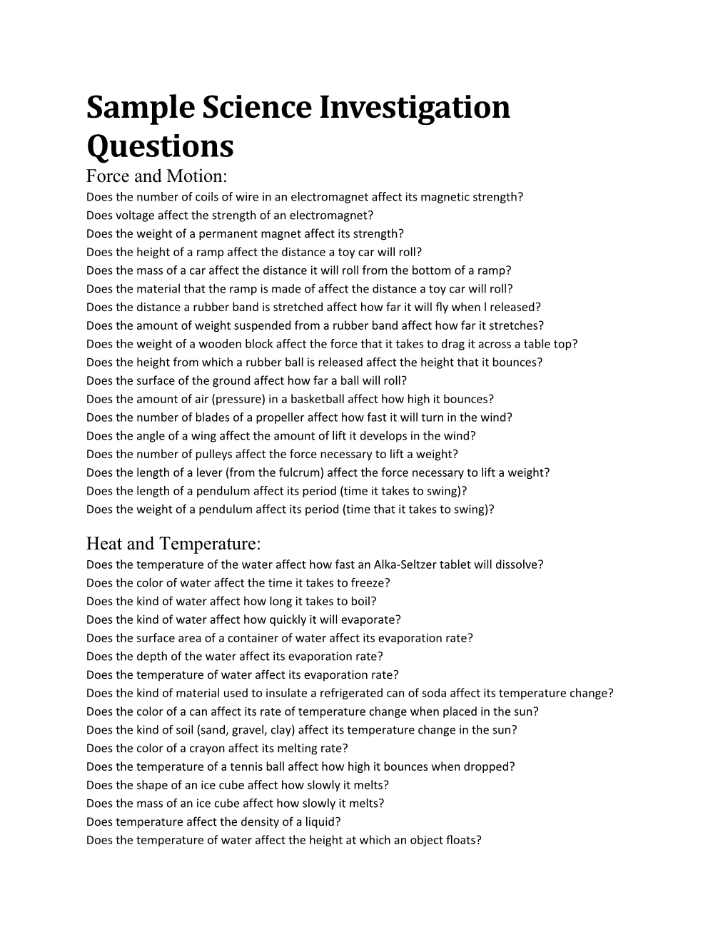 Sample Science Investigation Questions