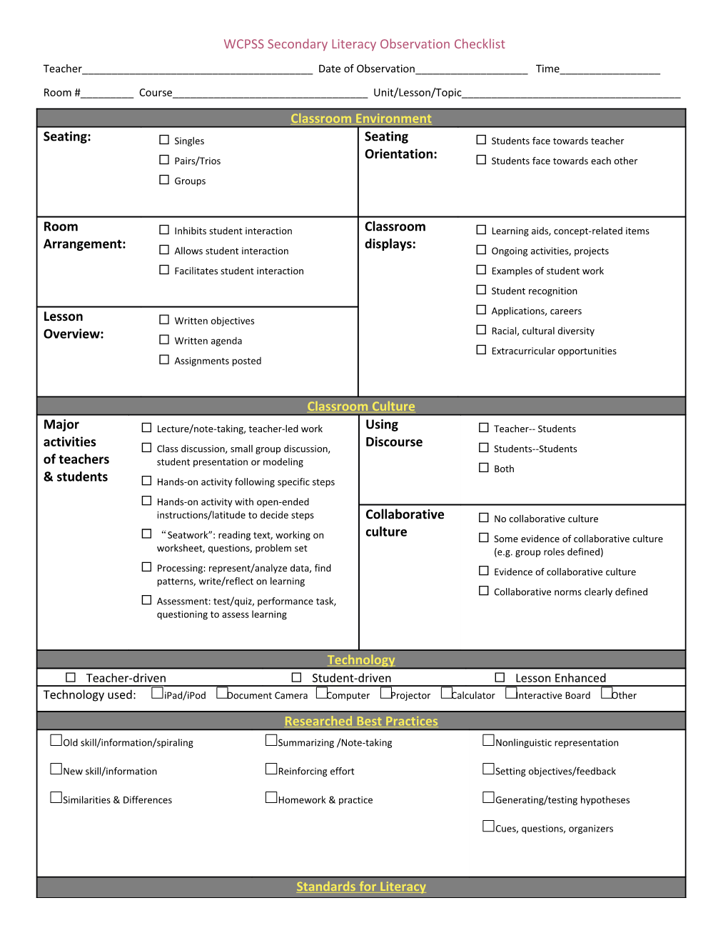 WCPSS Secondary Literacy Observation Checklist