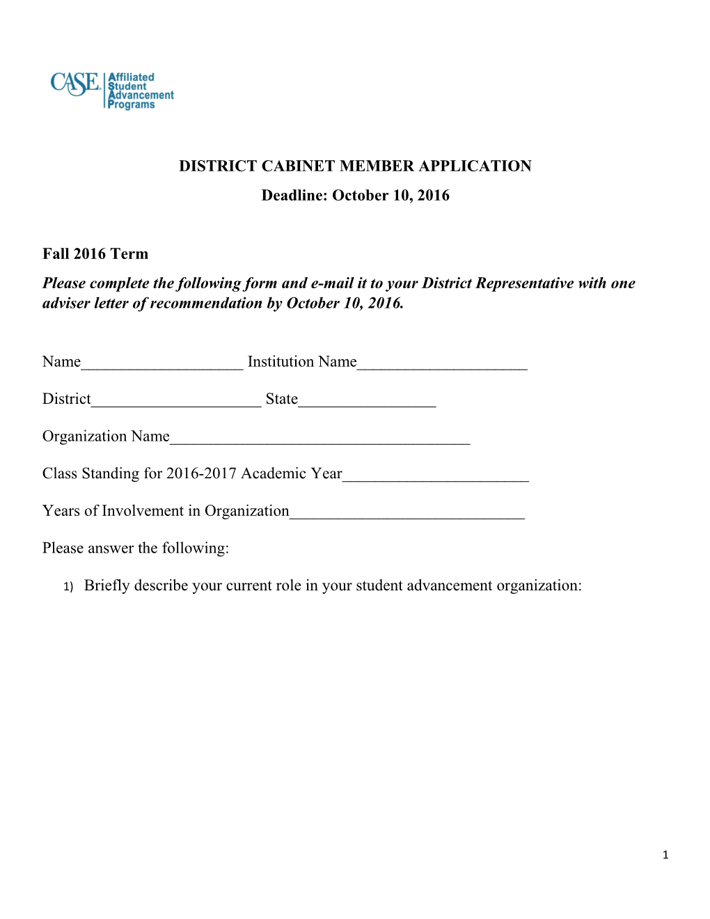 District Cabinet Member Application