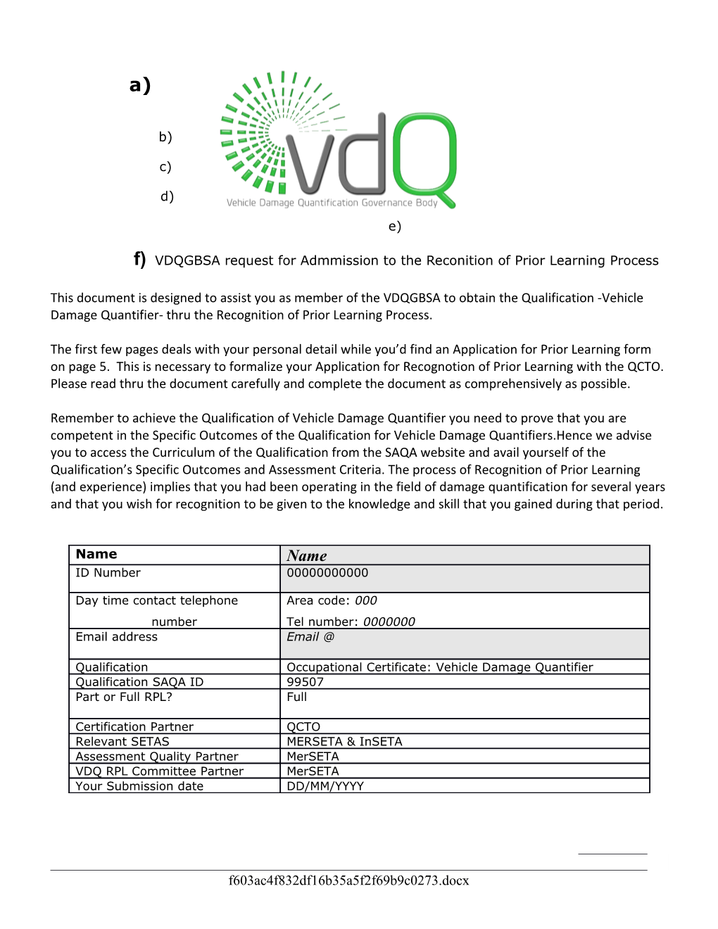VDQGBSA Request for Admmission to the Reconition of Prior Learning Process