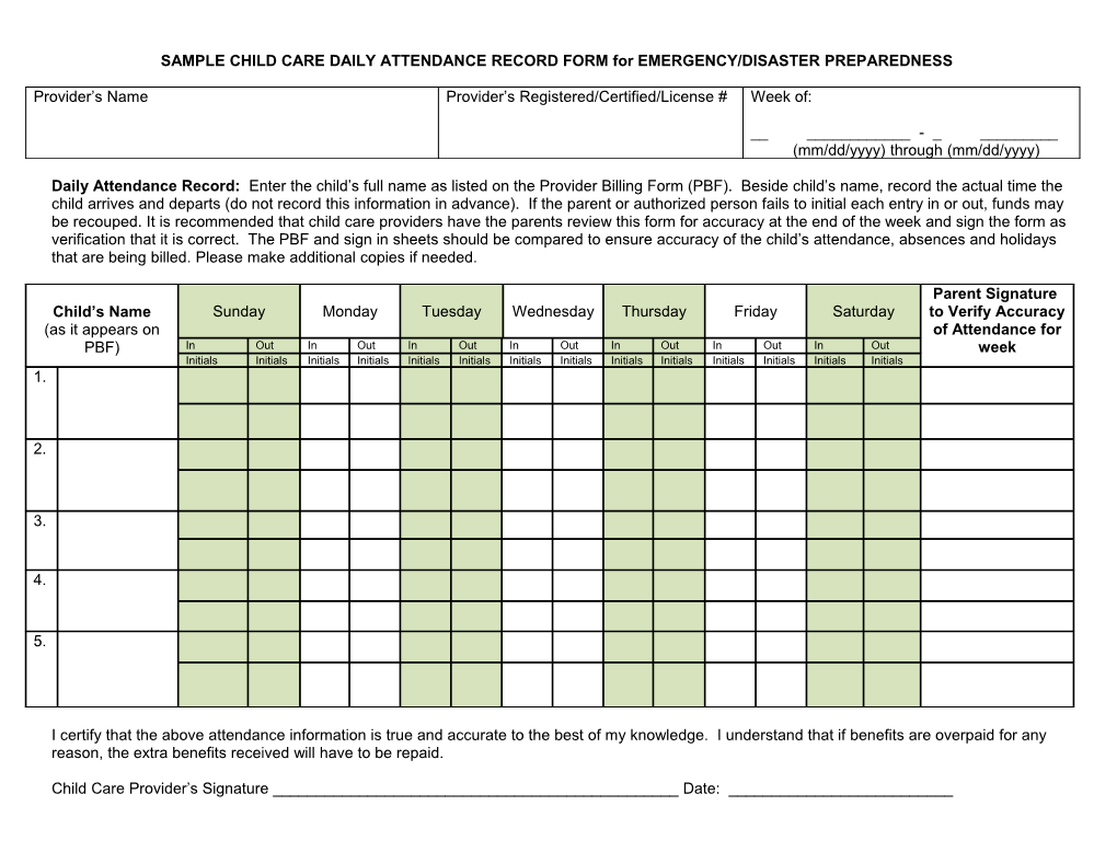 SAMPLE CHILD CARE DAILY ATTENDANCE RECORD FORM for EMERGENCY/DISASTER PREPAREDNESS