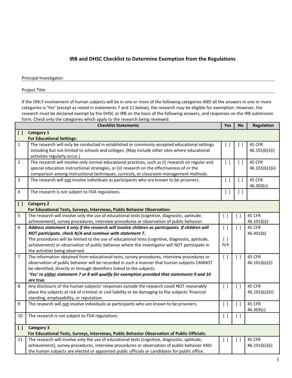 IRB and DHSC Checklist to Determine Exemption from the Regulations
