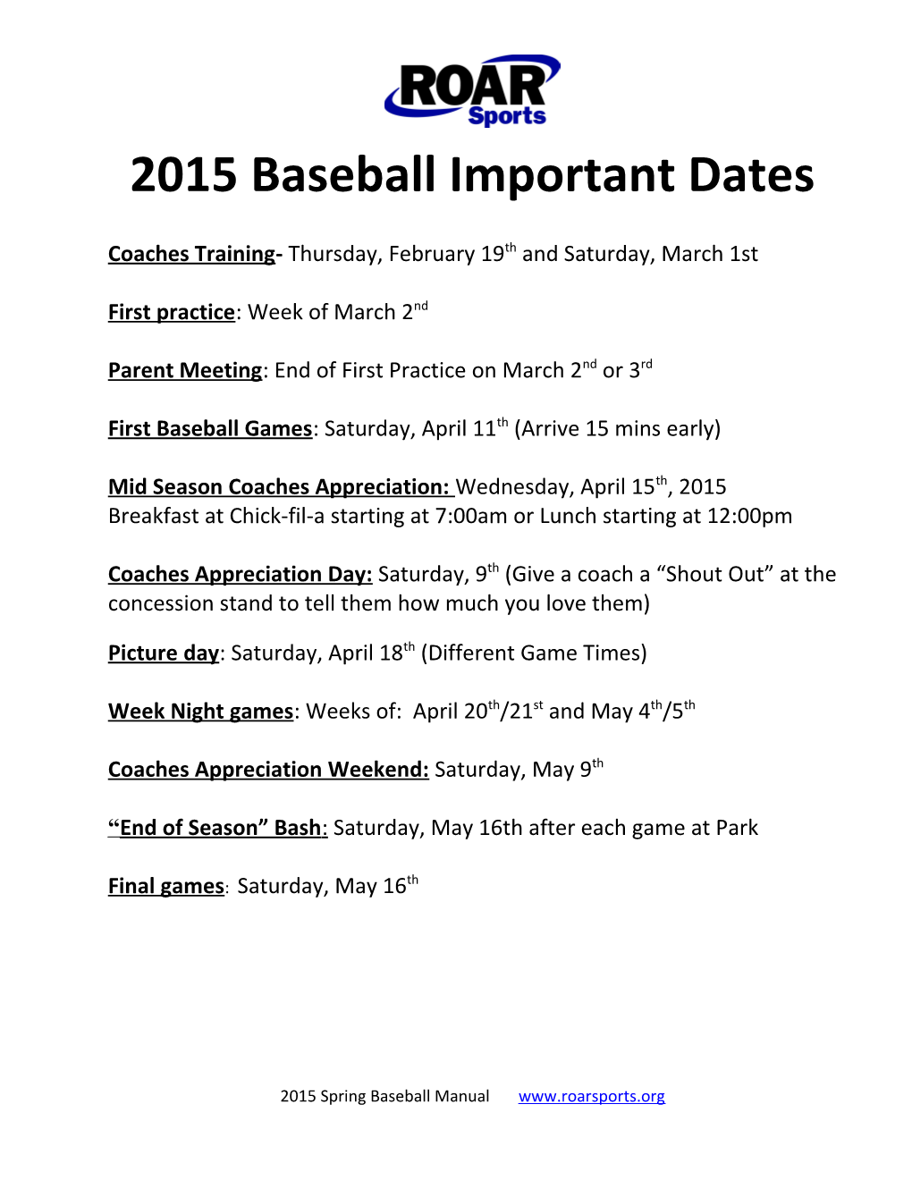 2015 Baseball Important Dates
