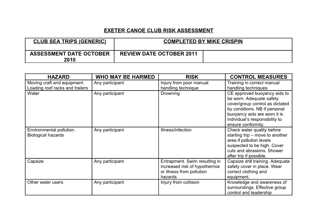 Exeter Canoe Club Risk Assessment