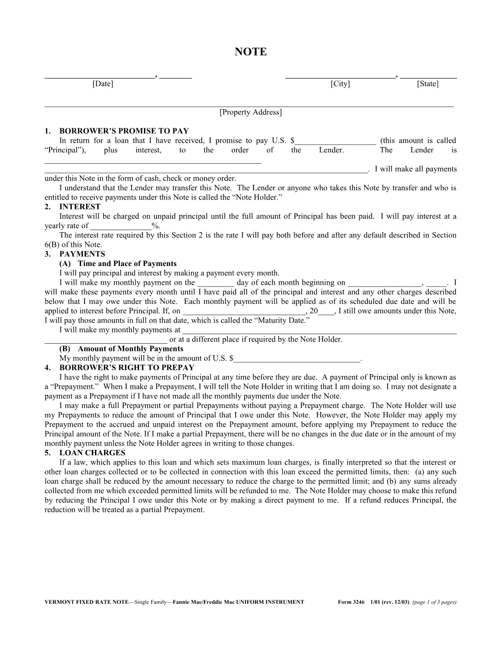 Vermont Fixed Rate Note (Form: 3246): Word