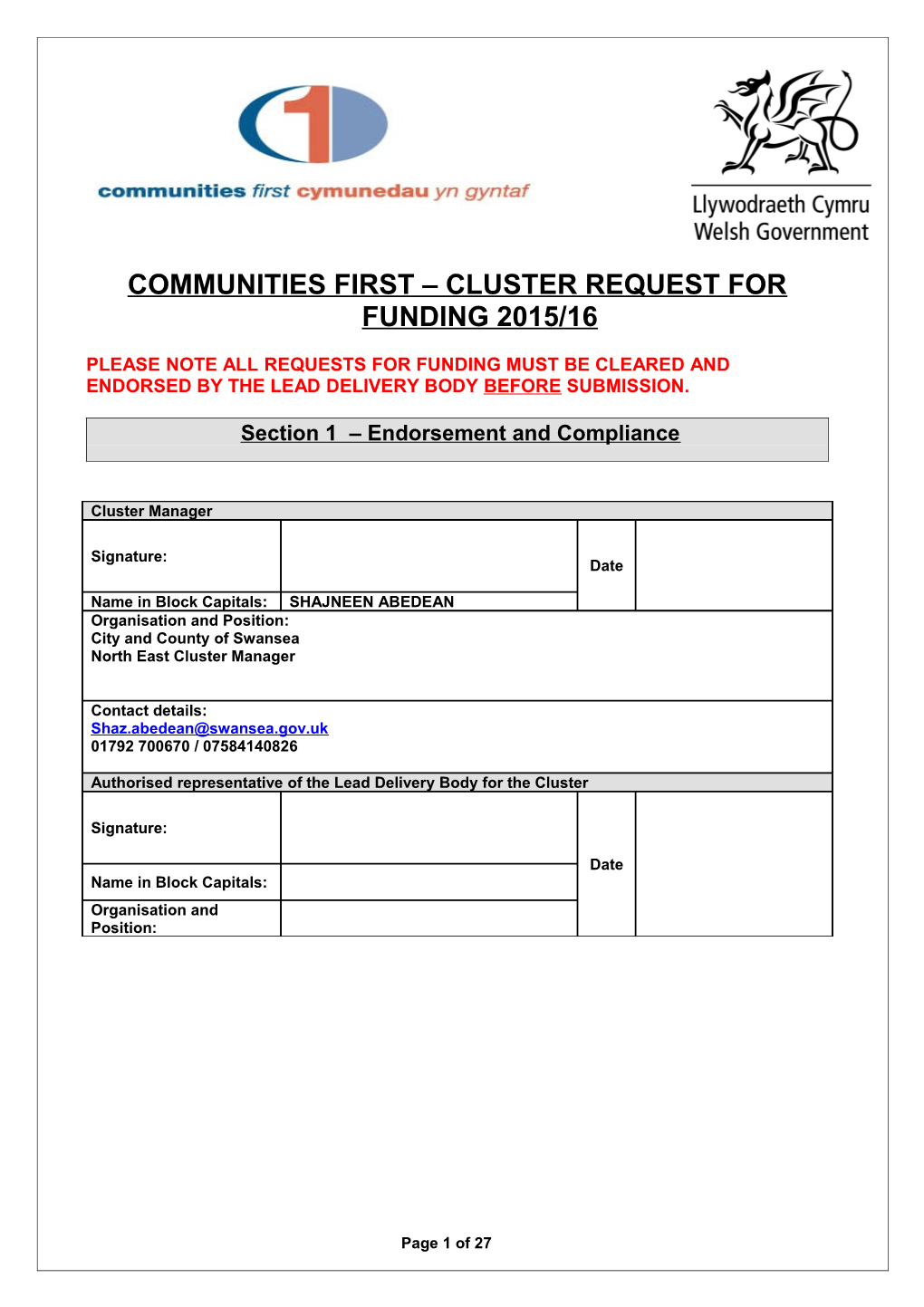 Communities First Cluster Request for Funding 2015/16