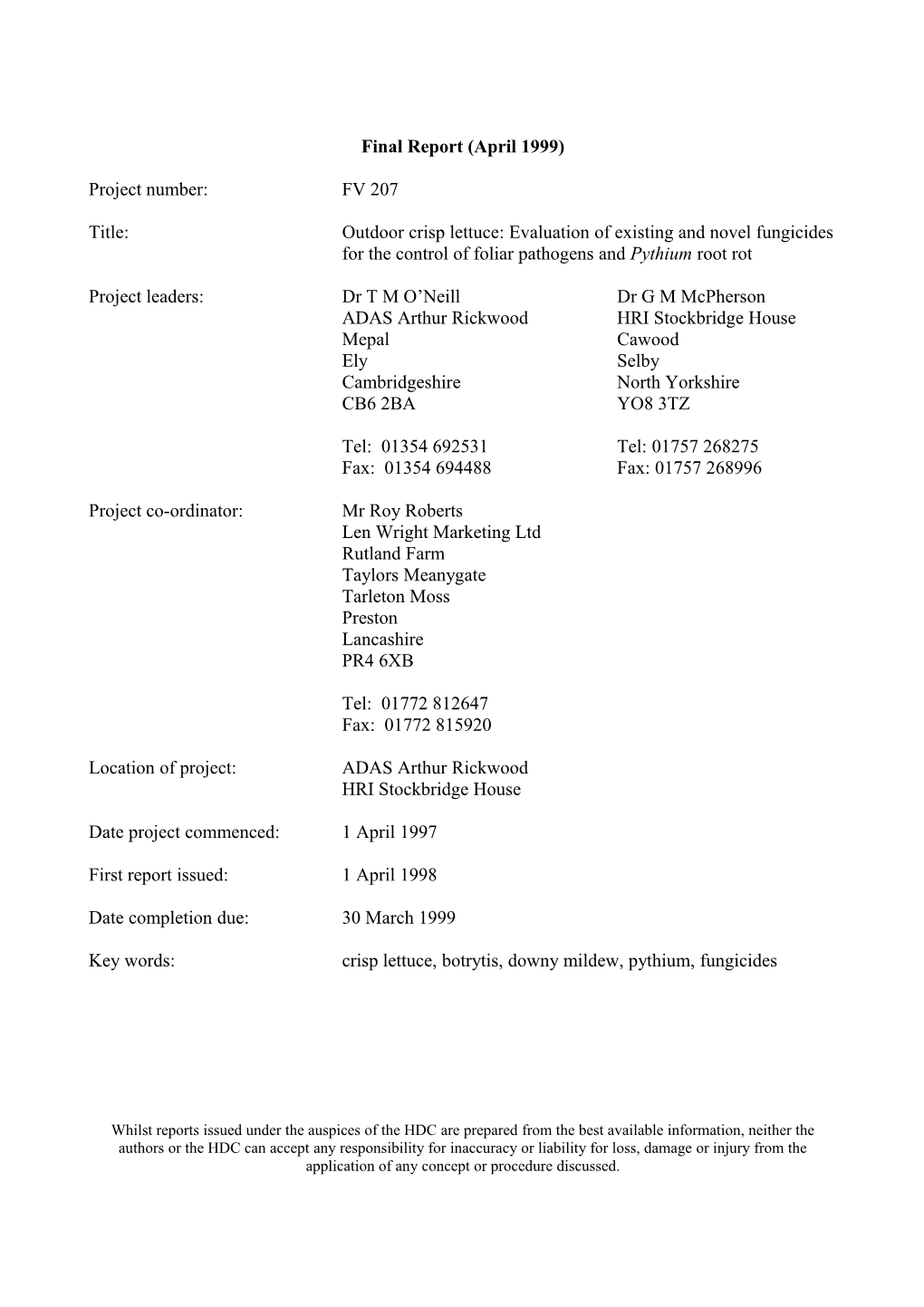 Contract Report for the Horticultural Development Council s1