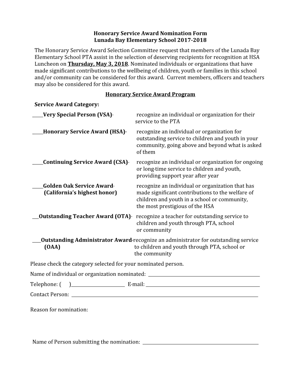 2015 HSA Nomination Form