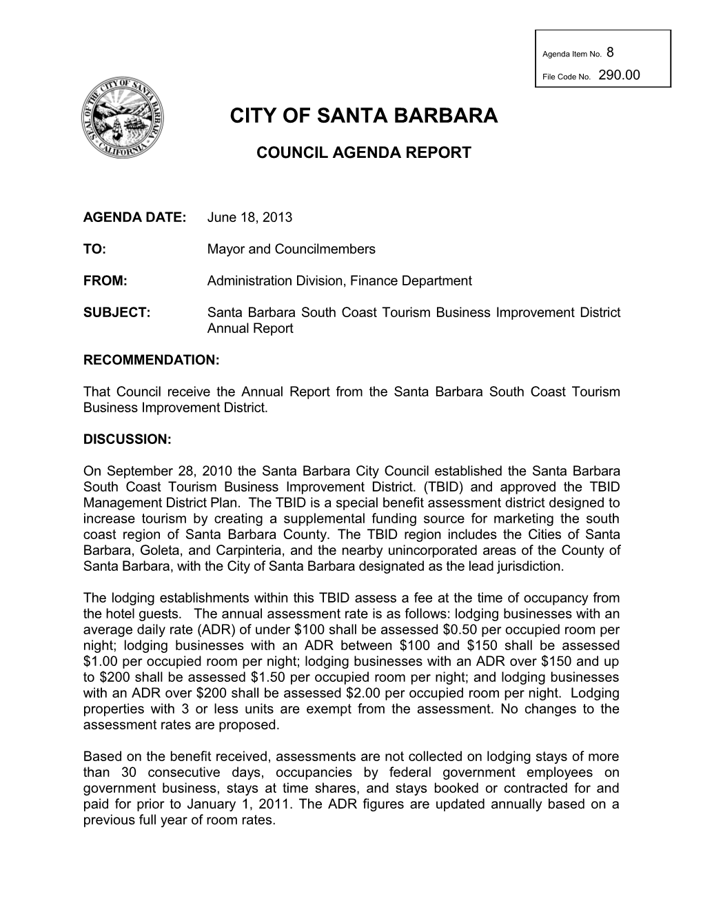 Santa Barbara South Coast Tourism Business Improvement District Annual Report