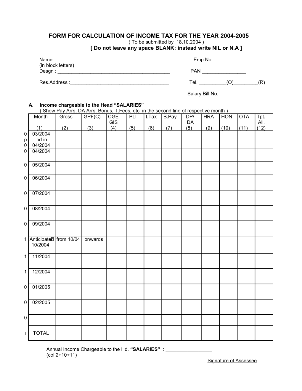 Form for Calculation of Income Tax for the Year 2004-2005