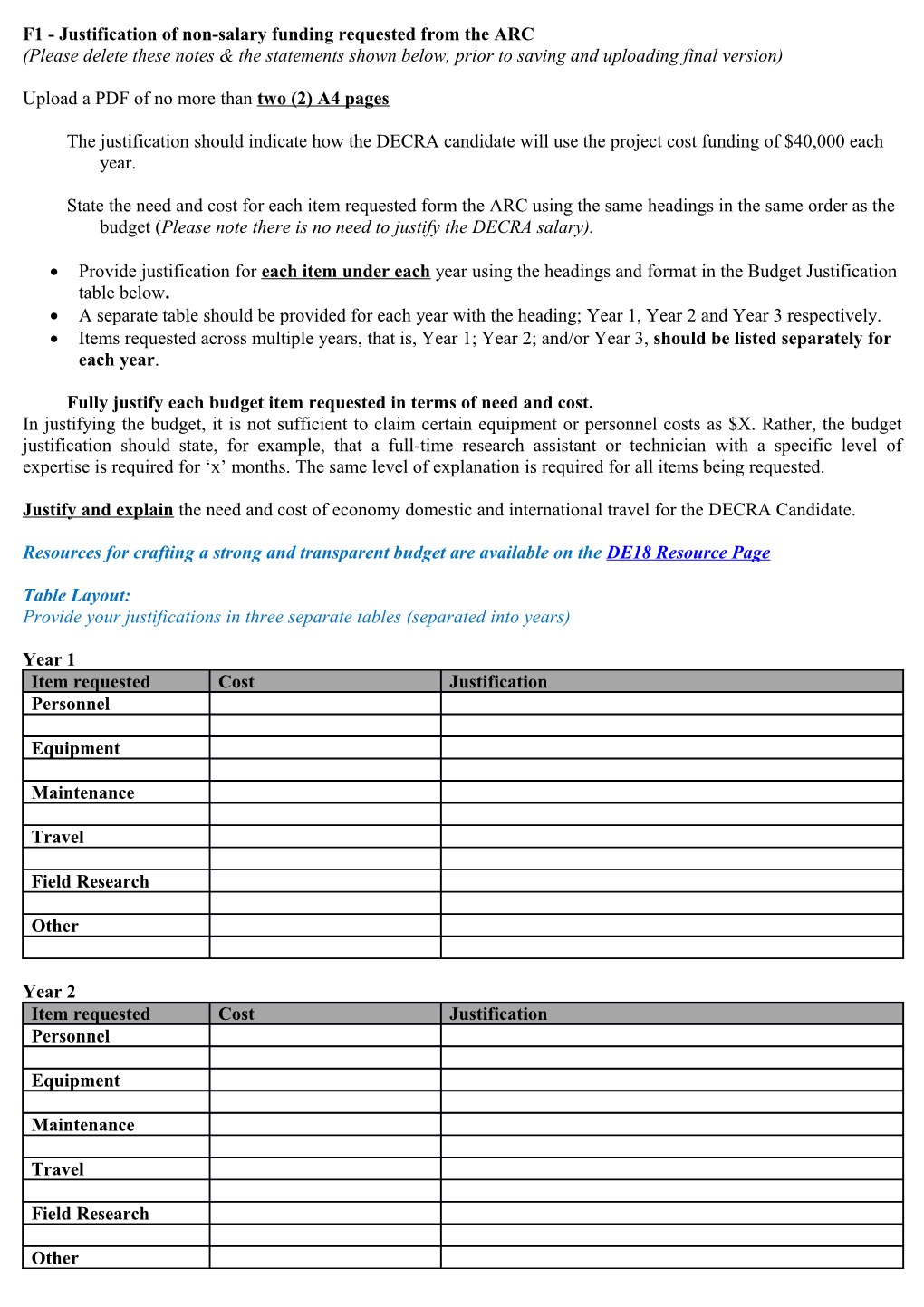 F1 - Justification of Non-Salary Funding Requested from the ARC