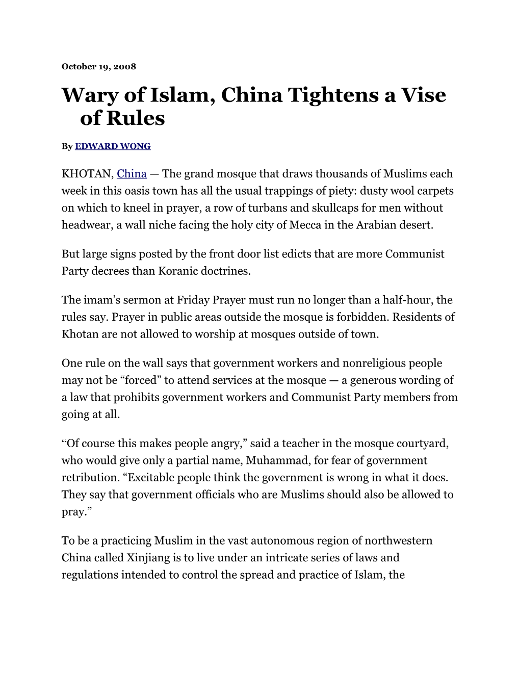 Wary of Islam, China Tightens a Vise of Rules