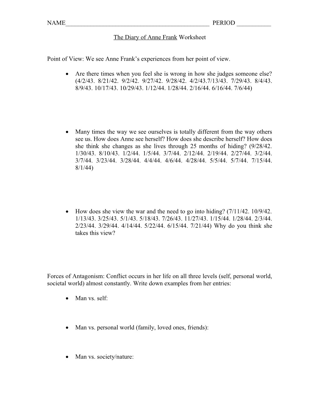 The Diary of Anne Frank Worksheet