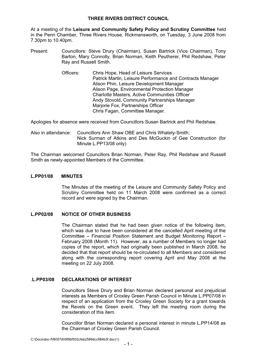 Minutes: Leisure & Comm Safety PSC 03.06.08