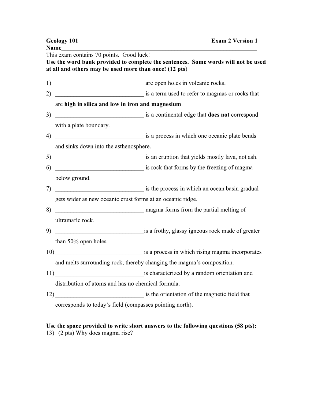 Geology 101 Exam 2 Version 1