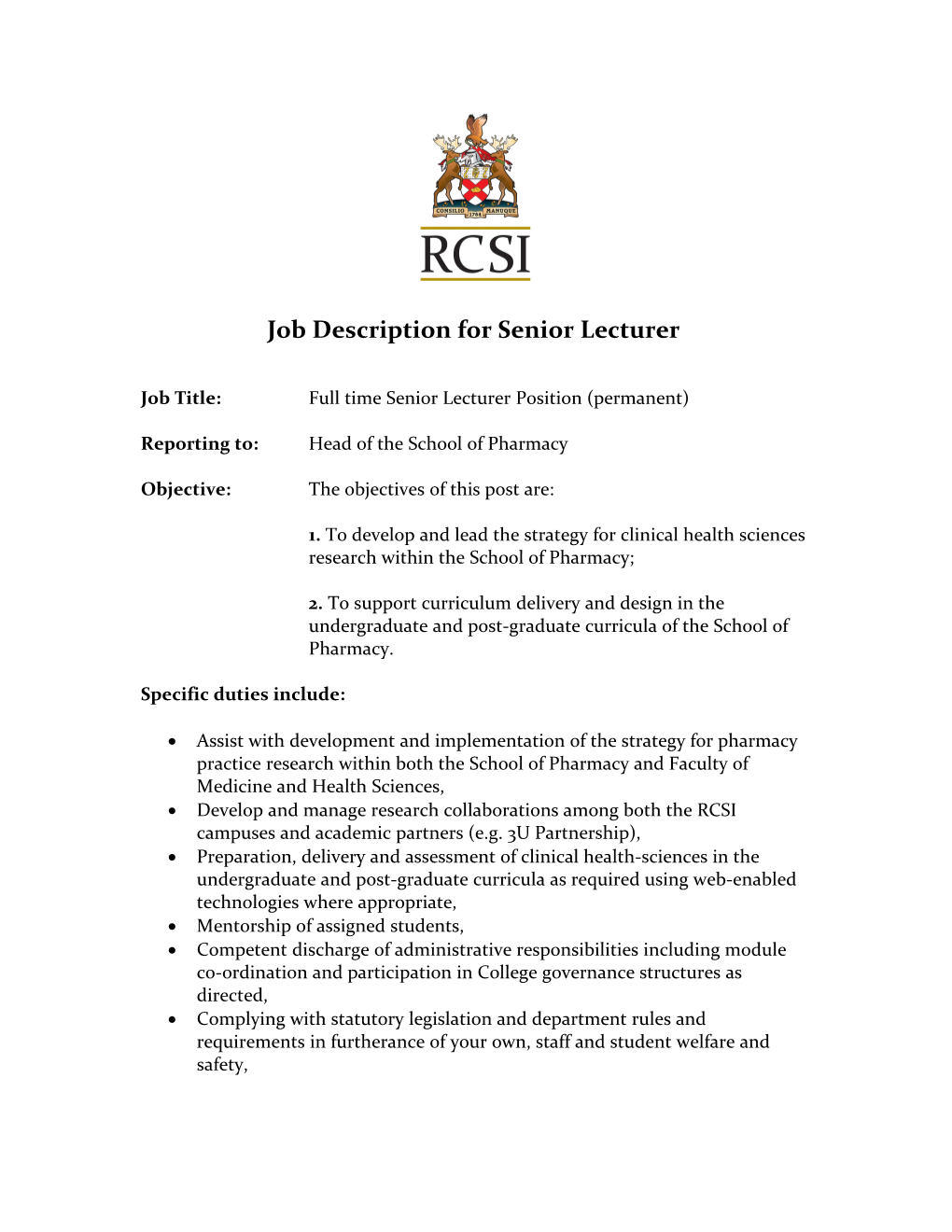 Job Description for Senior Lecturer