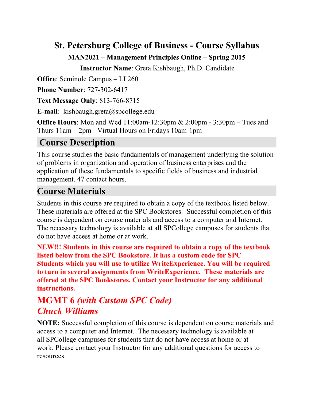 St. Petersburg College of Business - Course Syllabus