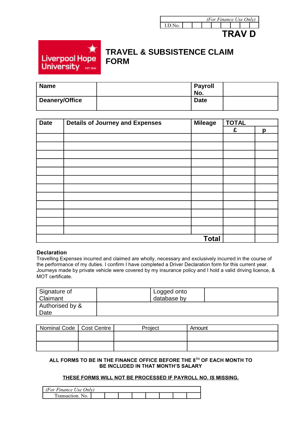 Travel & Subsistence Claim Form