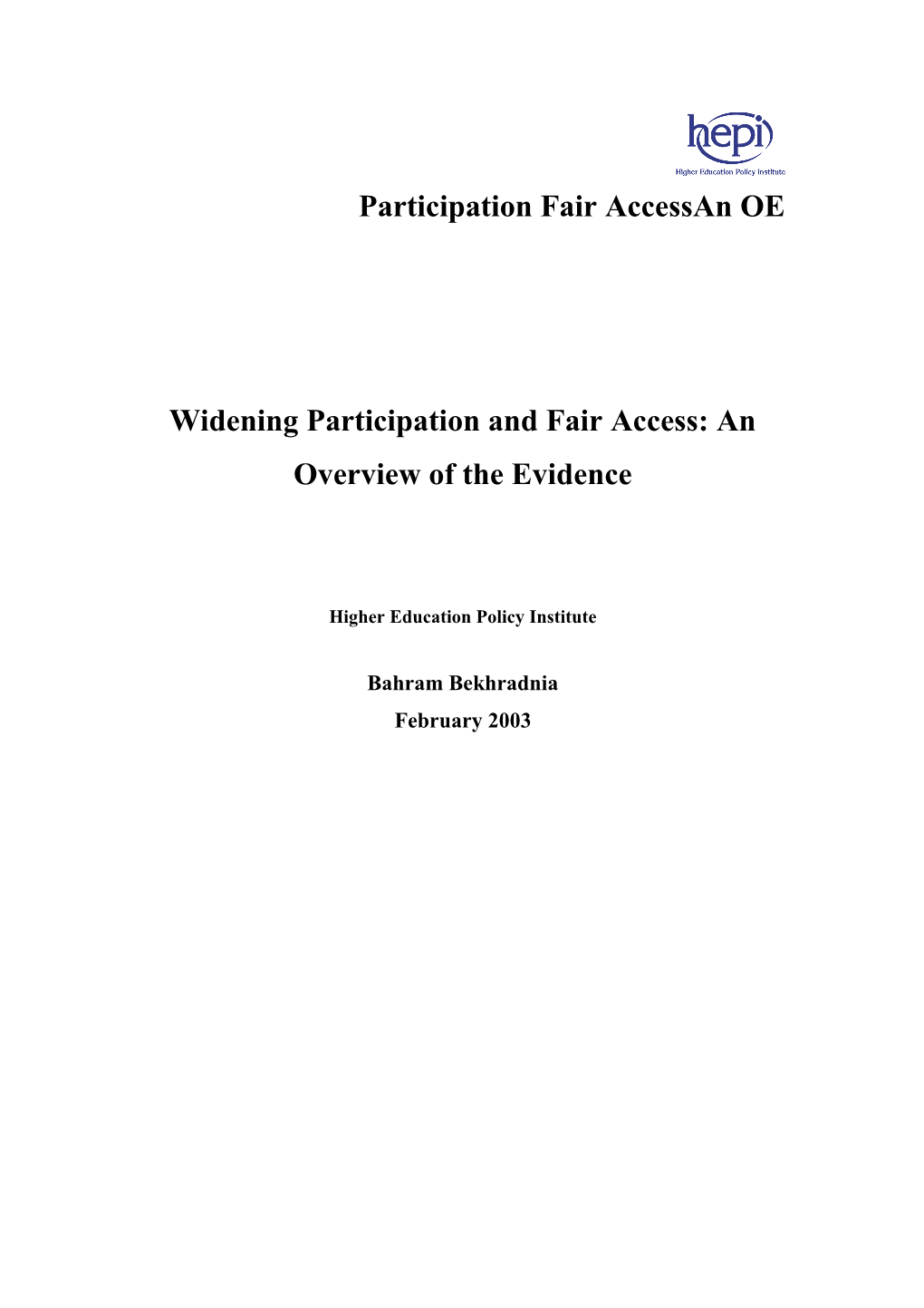 Widening Participation and Fair Access: an Overview of the Evidence