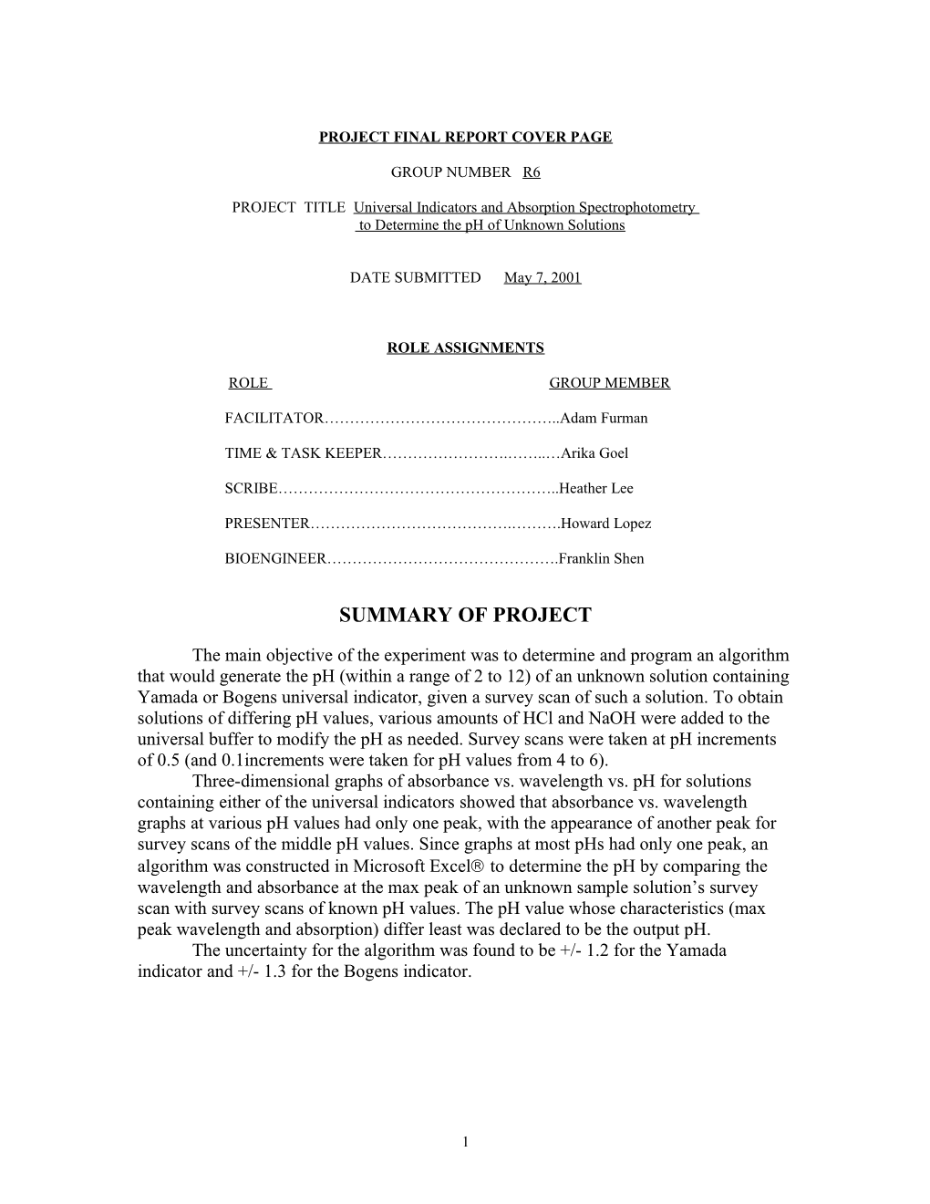 Laboratory Report Cover Page