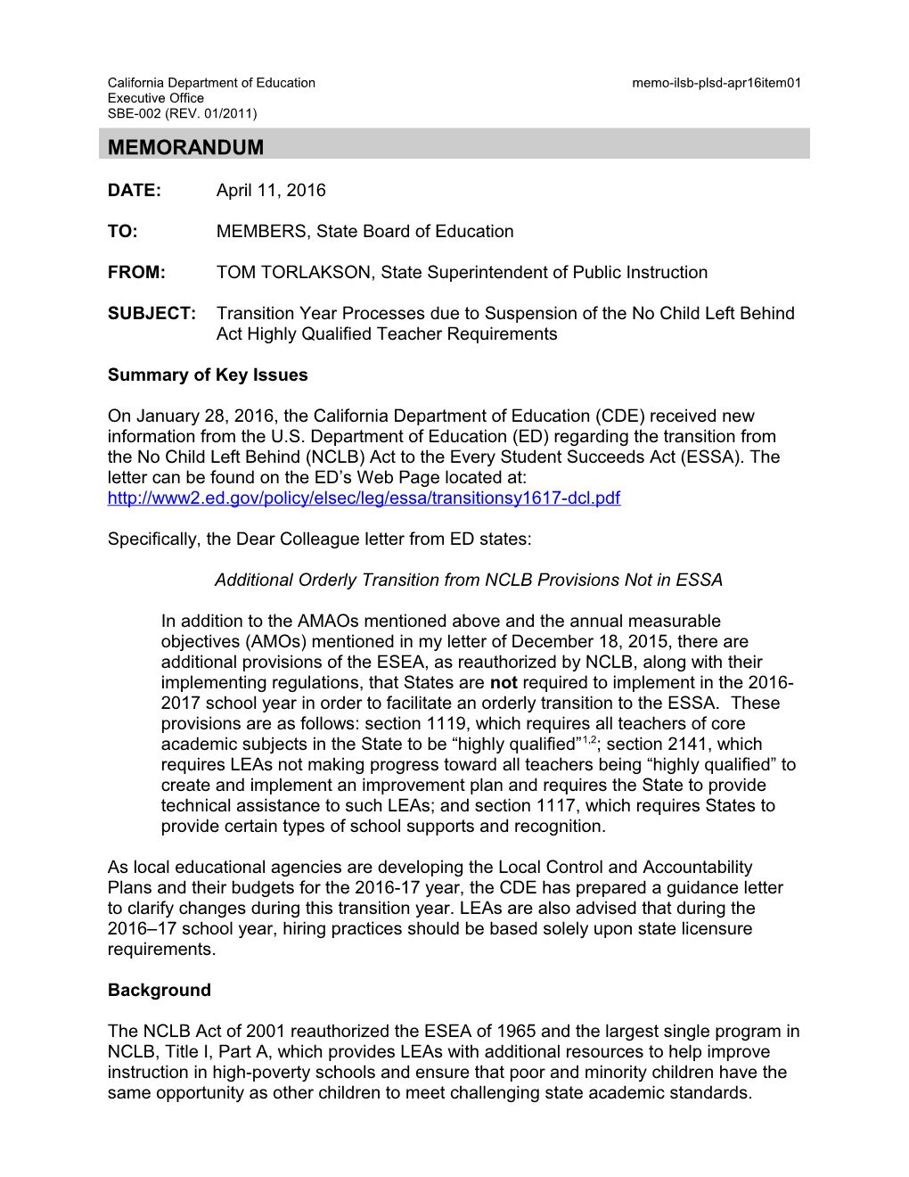 April 2016 Memo PLSD Item 01 - Information Memorandum (CA State Board of Education)