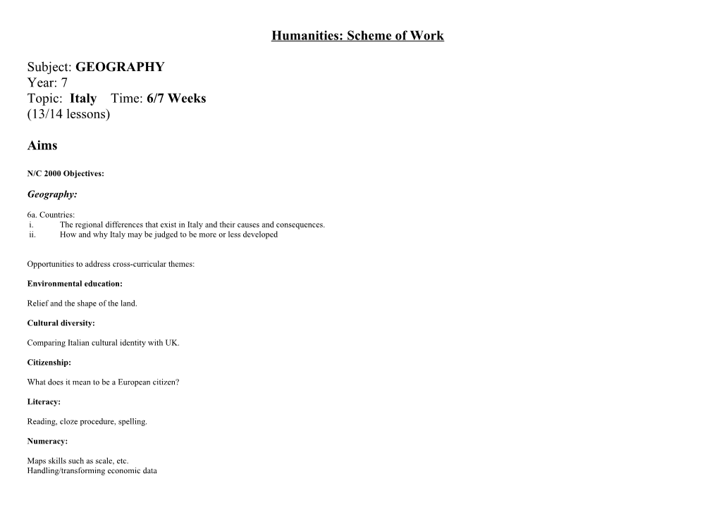 Humanities: Scheme of Work