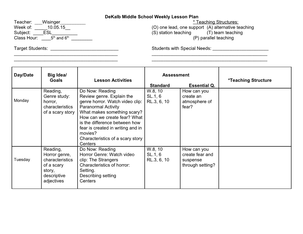 Dekalb Middle School Weekly Lesson Plan s16
