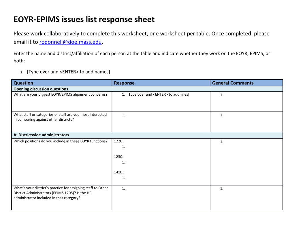 EOYR-EPIMS Issues List Response Sheet