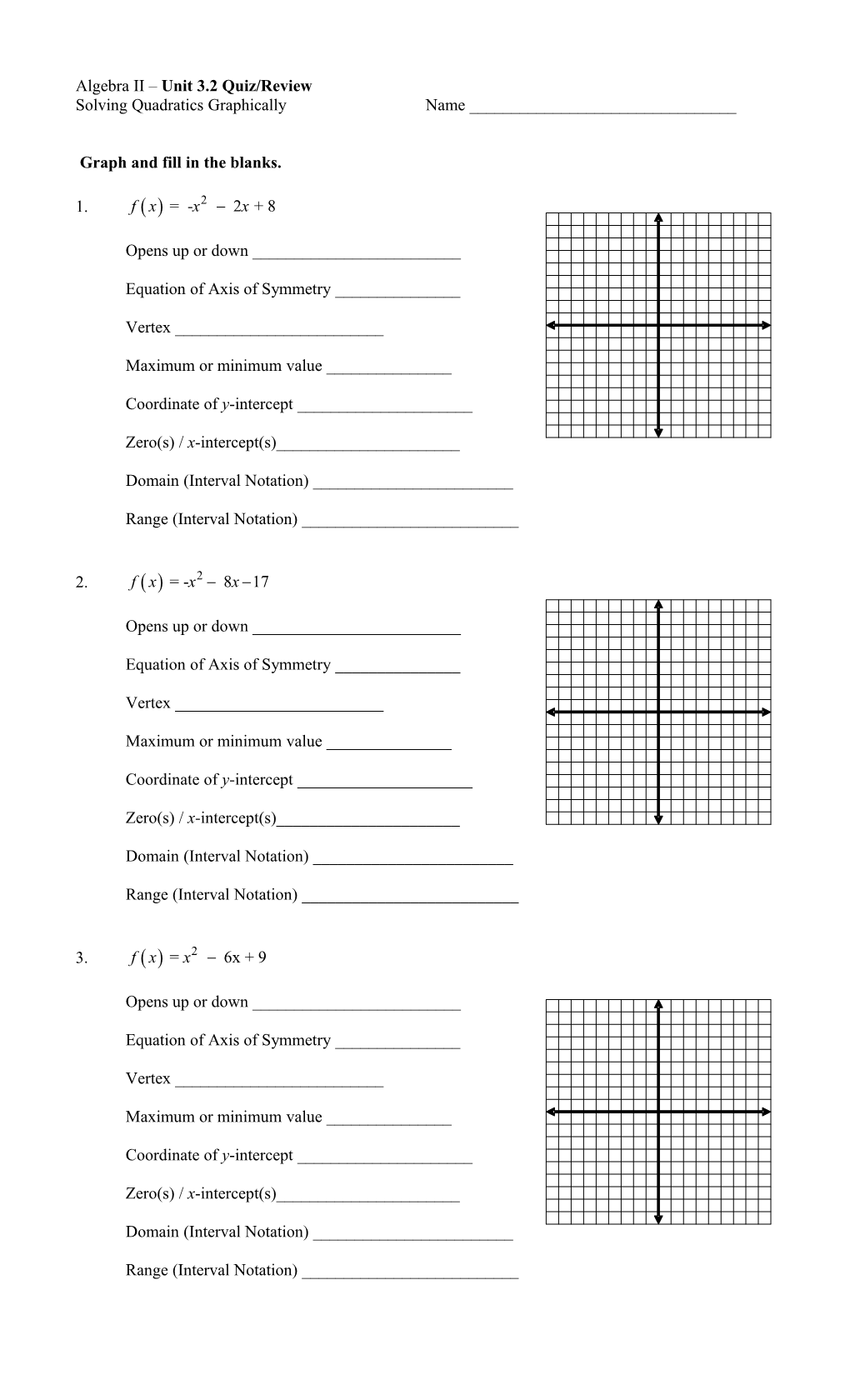 Algebra II Unit 3.2 Quiz/Review