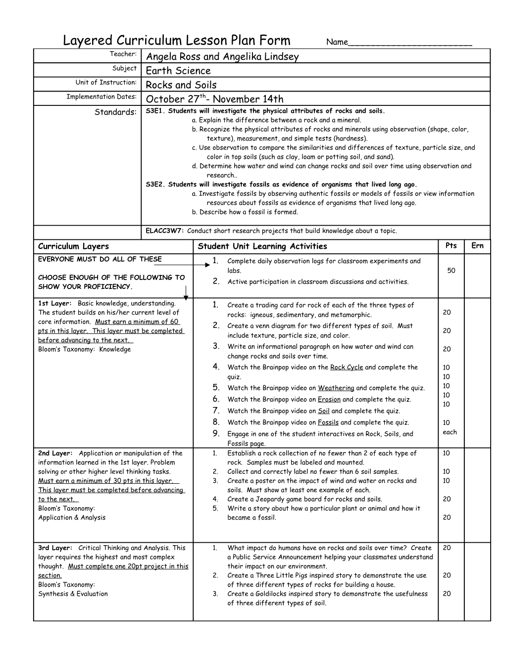 Layered Curriculum Lesson Plan Form