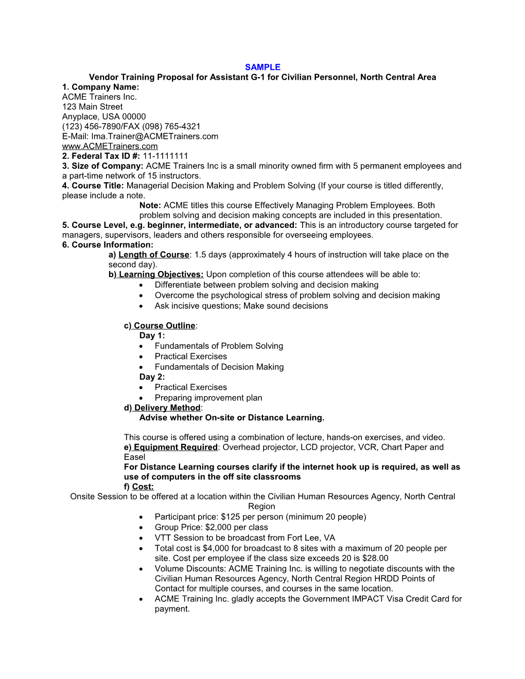 Vendor Training Proposal for Assistant G-1 for Civilian Personnel, North Central Area