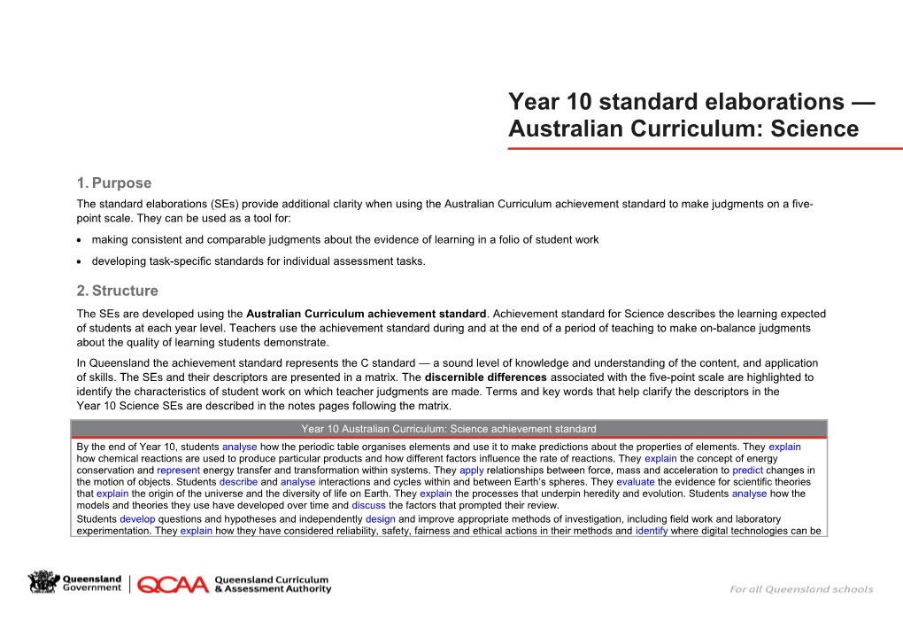 Year 10 Standard Elaborations Australian Curriculum: Science
