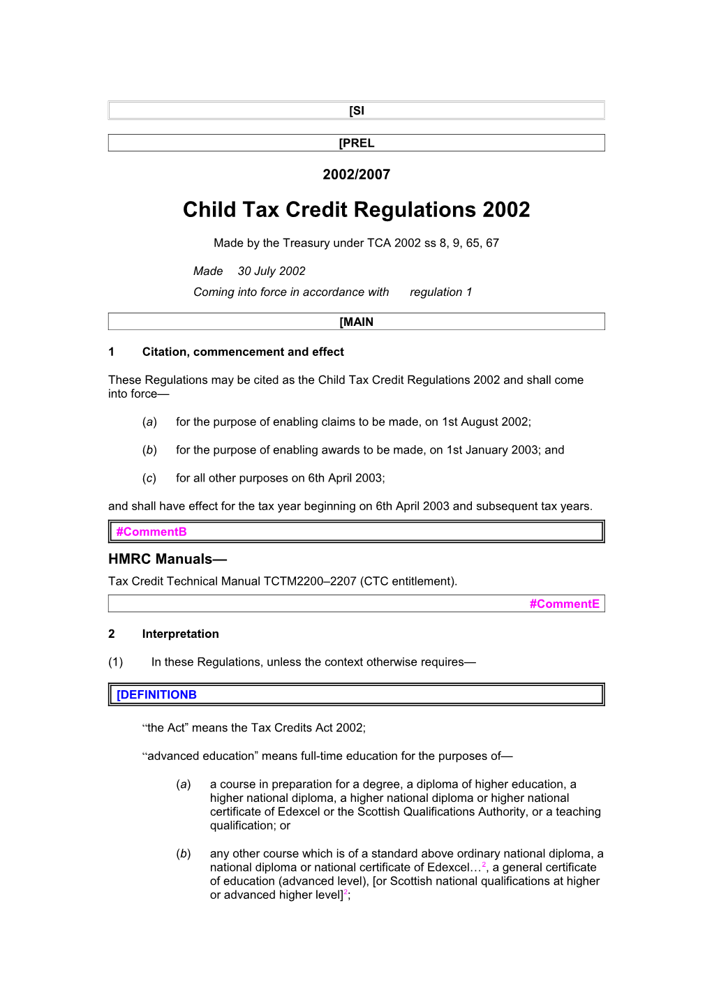 Child Tax Credit Regulations 2002 s1