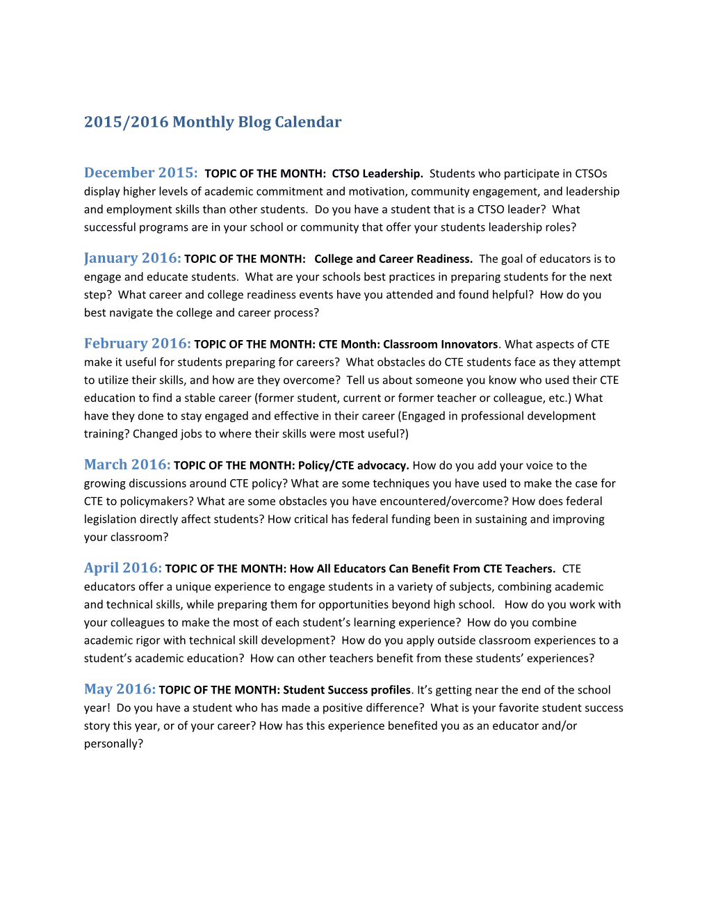 2015/2016 Monthly Blog Calendar