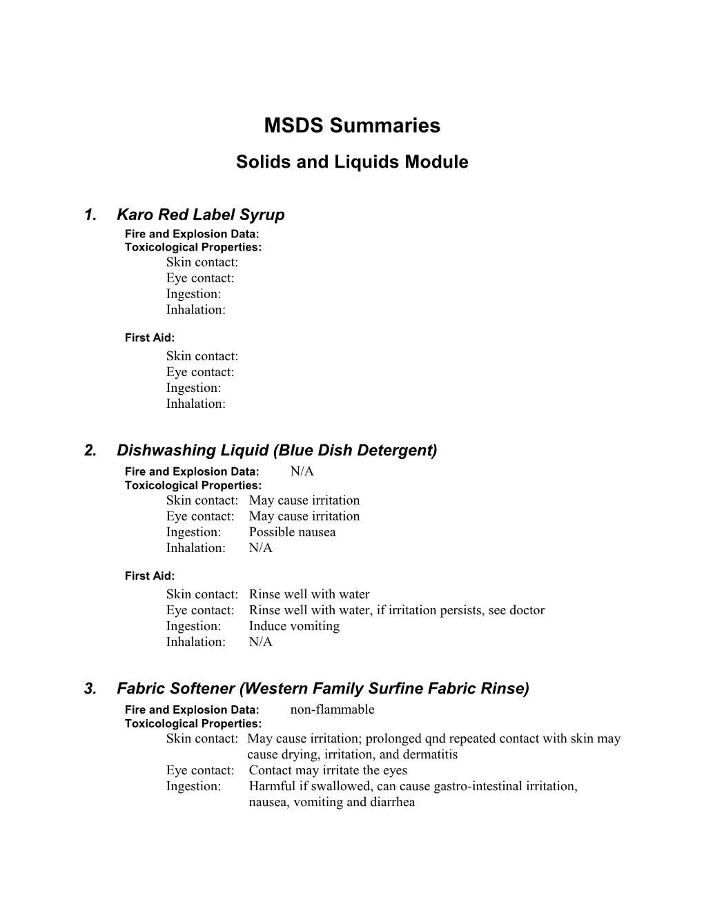 MSDS Summaries Page 3 of 3