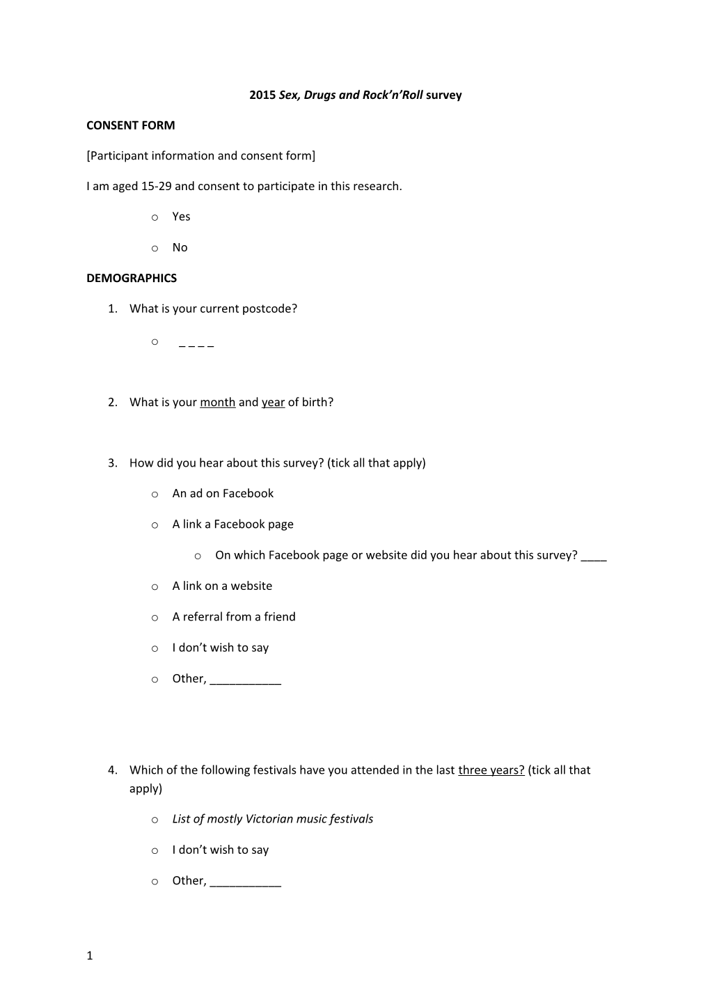 2015 Sex, Drugs and Rock N Roll Survey