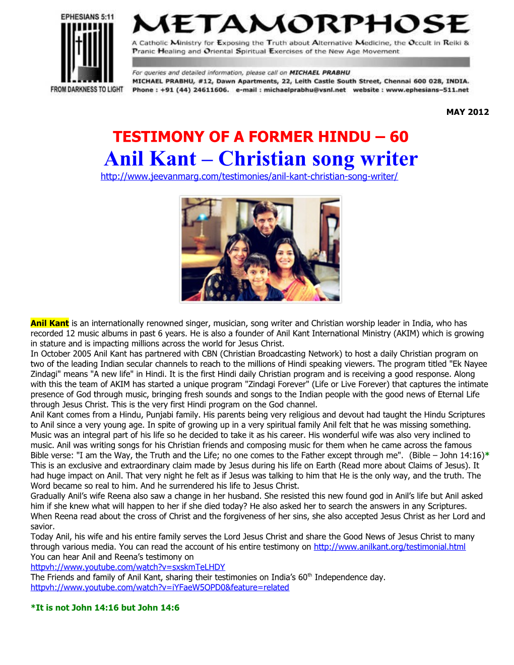 Anil Kant Christian Song Writer