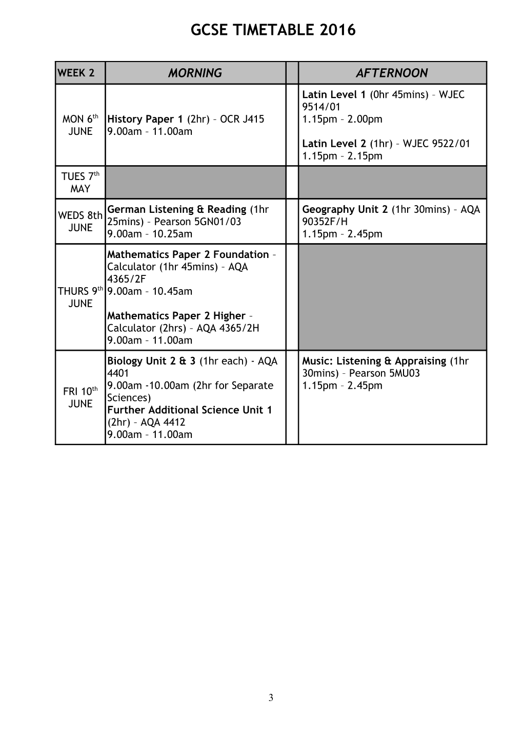 Gcse Timetable 2016