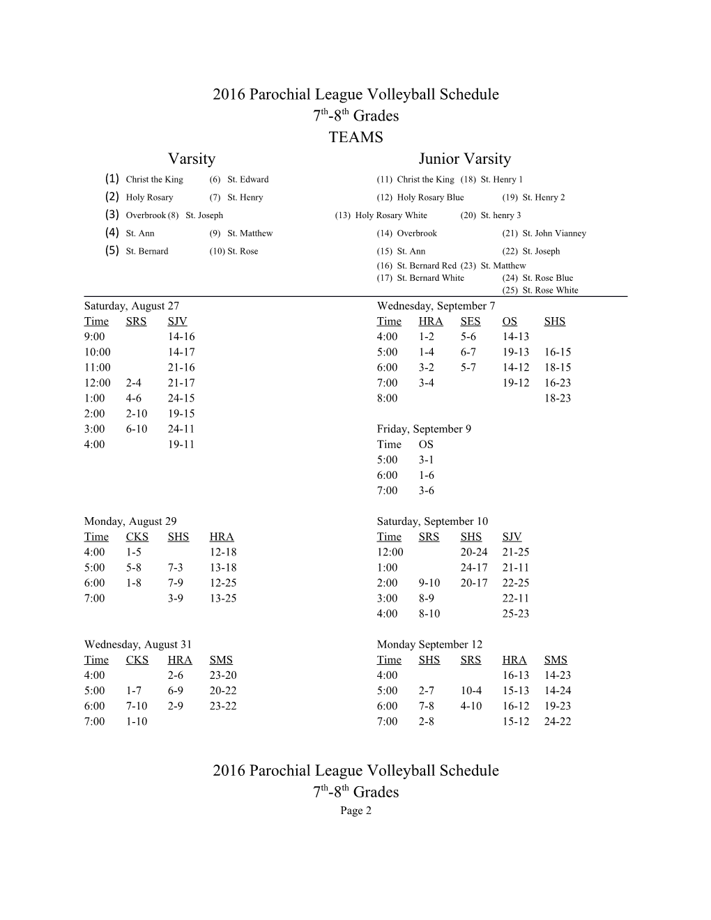 2016 Parochial League Volleyball Schedule