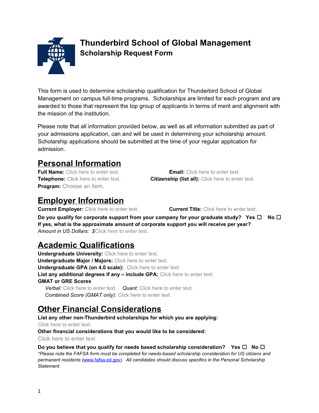 Thunderbird School of Global Management Scholarship Request Form