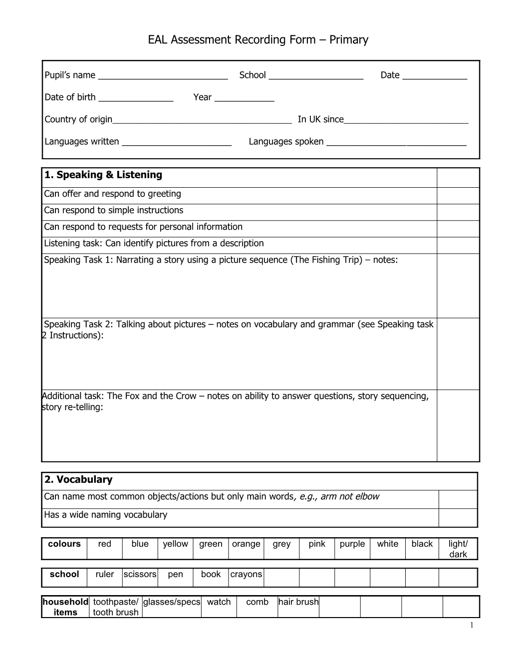 EAL Assessment Recording Form Primary