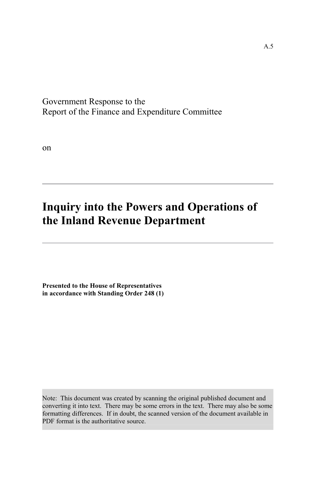 Government Response To The Report Of The Finance And Expenditure Committee On The Inquiry Into The Powers And Operations Of The Inland Revenue Department (May 2000)