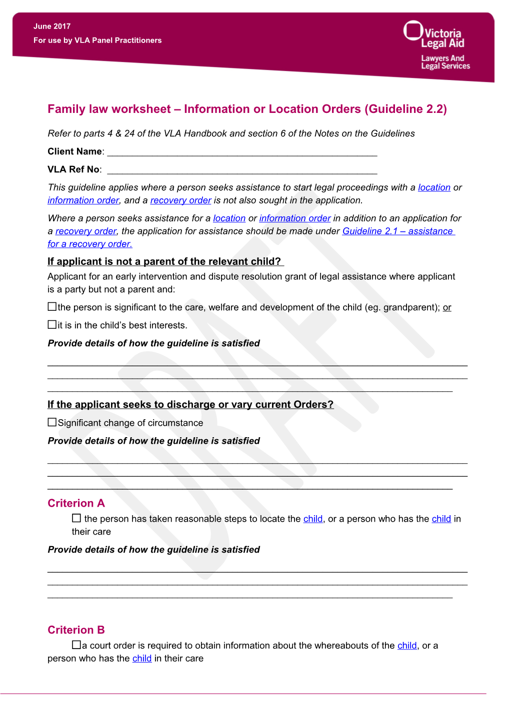 Family Law Worksheet Information Or Location Orders (Guideline 2.2)