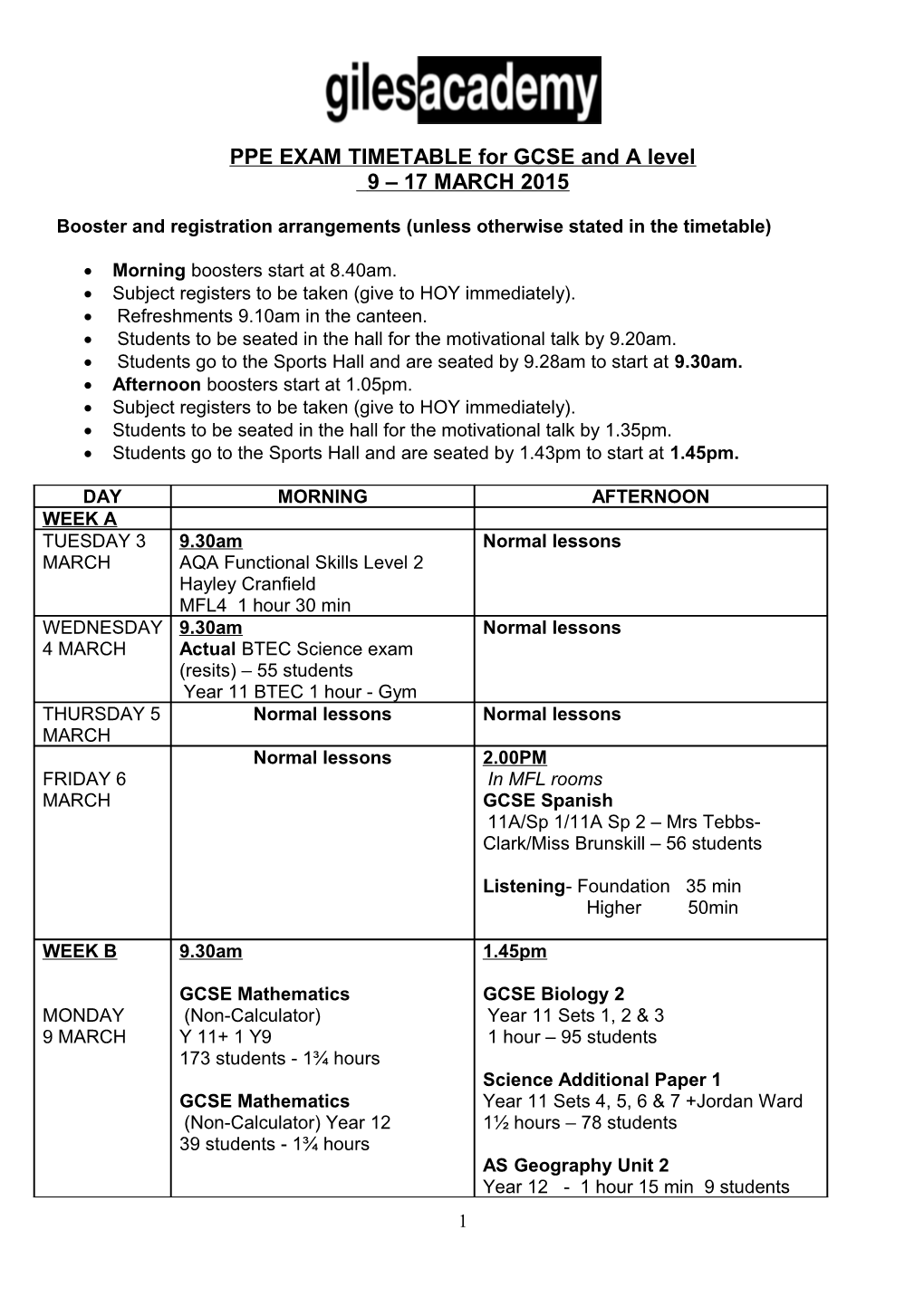 Mock Exam Timetable 13 17 January 2014