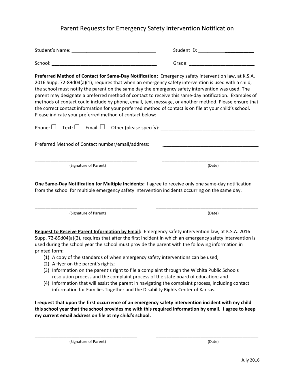Parent Requests for Emergency Safety Intervention Notification