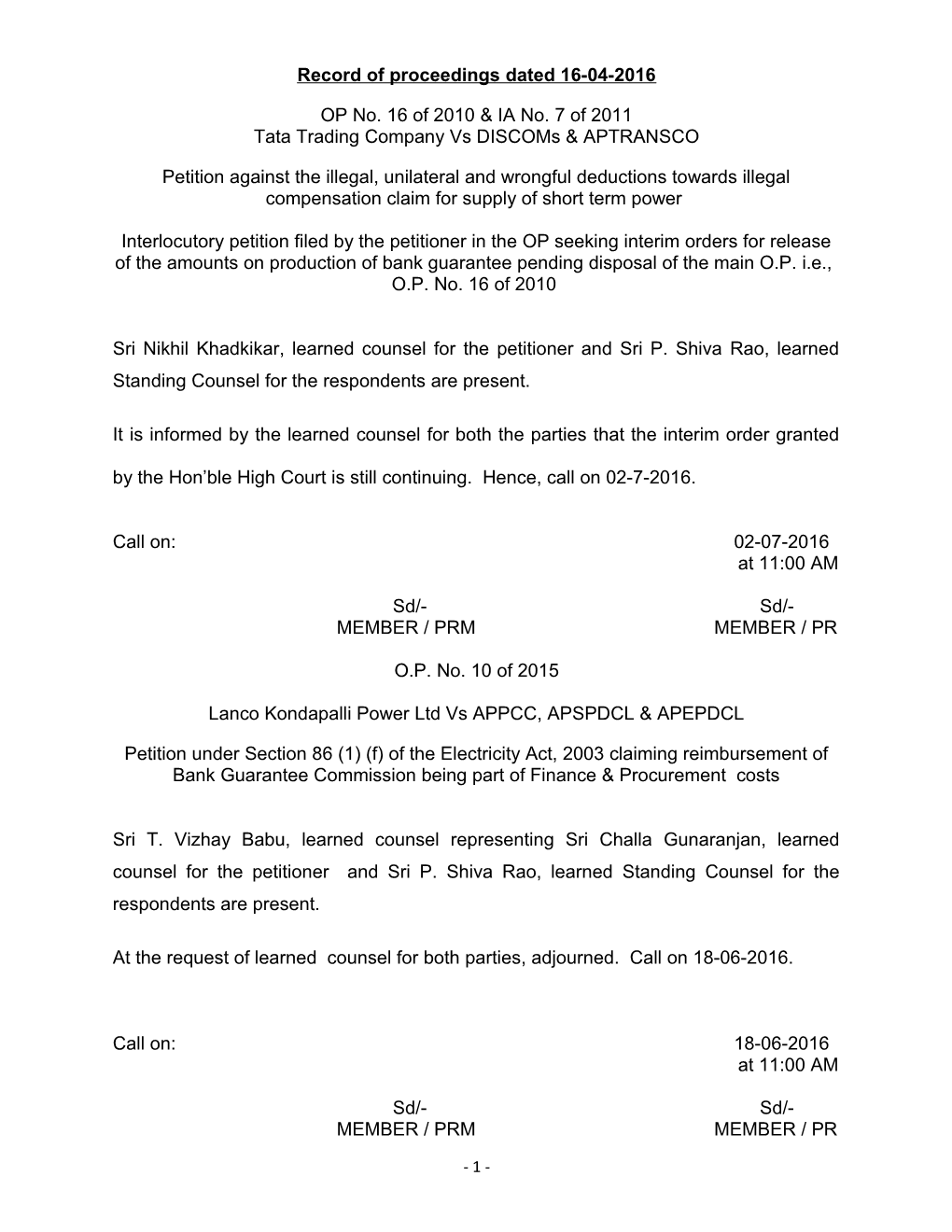 Record of Proceedings Dated 16-04-2016